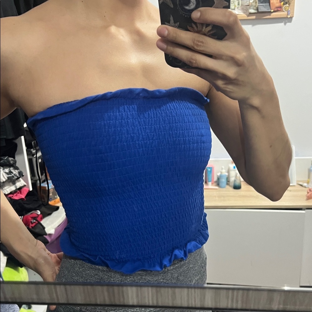 Blue Strapless Smocked Top